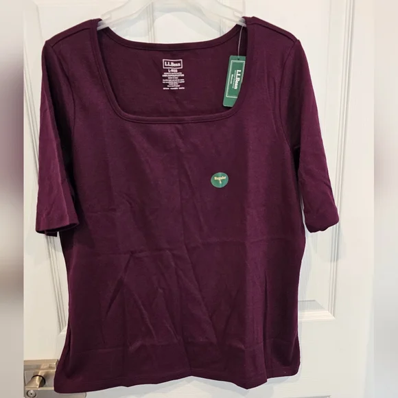 NWT L.L. Bean Deep Purple 100% Pima Cotton Square Neck Elbow-Sleeve Size-Large - Picture 2 of 6